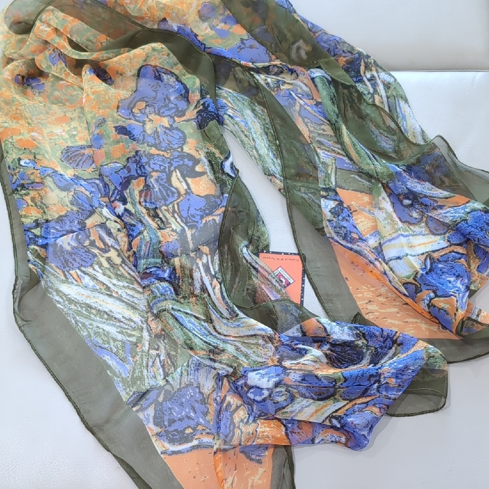 Van Gogh Irises Silk Floral Scarf with Green and Blue Hues